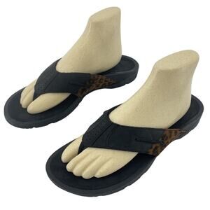 ABEO Black Leather/Textile Leopard Print Thong Sandals Women's Size 10N Preowned